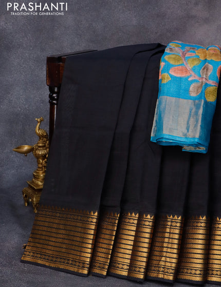 Mangalgiri silk cotton saree black and cs blue with plain body and zari woven border & kalamkari hand painted blouse