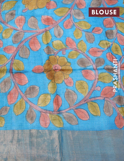 Mangalgiri silk cotton saree black and cs blue with plain body and zari woven border & kalamkari hand painted blouse