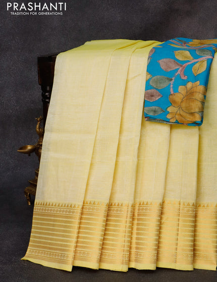 Mangalgiri silk cotton saree pale yellow and cs blue with plain body and zari woven border & kalamkari hand painted blouse