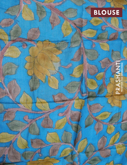 Mangalgiri silk cotton saree pale yellow and cs blue with plain body and zari woven border & kalamkari hand painted blouse