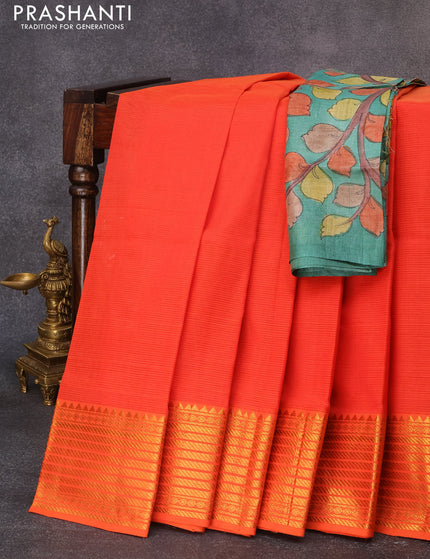 Mangalgiri silk cotton saree orange and green with plain body and zari woven border & kalamkari hand painted blouse