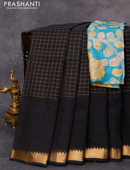 Mangalgiri silk cotton saree black and blue with allover zari checked pattern and zari woven border & kalamkari hand painted blouse