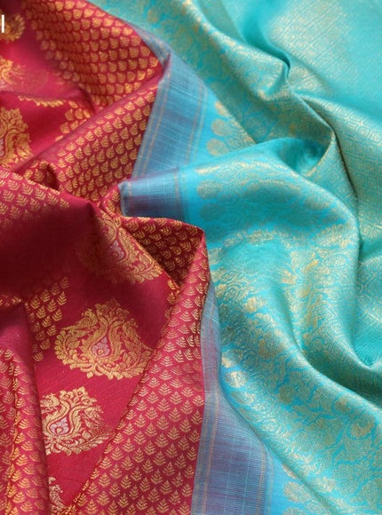 Pure kanjivaram silk saree maroom and teal blue with allover zari weaves & buttas and long zari woven floral border