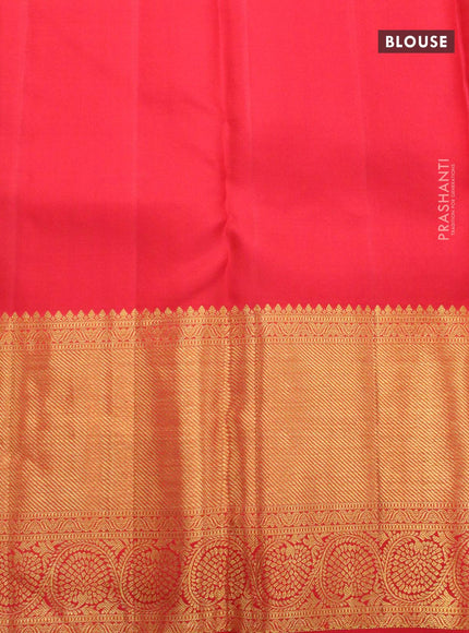 Pure kanjivaram silk saree teal shade and red with allover zari woven floral brocade weaves and long zari woven floral border