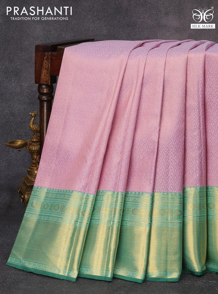 Pure kanjivaram silk saree lotus pink and teal blue with allover zari weaves and rich zari woven border