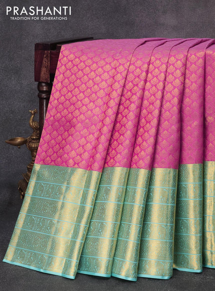 Pure kanjivaram silk saree pink and teal blue with allover zari woven brocade weaves and long rich zari woven border