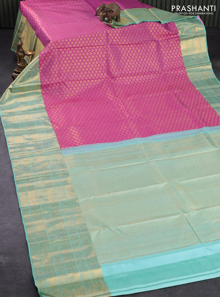 Pure kanjivaram silk saree pink and teal blue with allover zari woven brocade weaves and long rich zari woven border