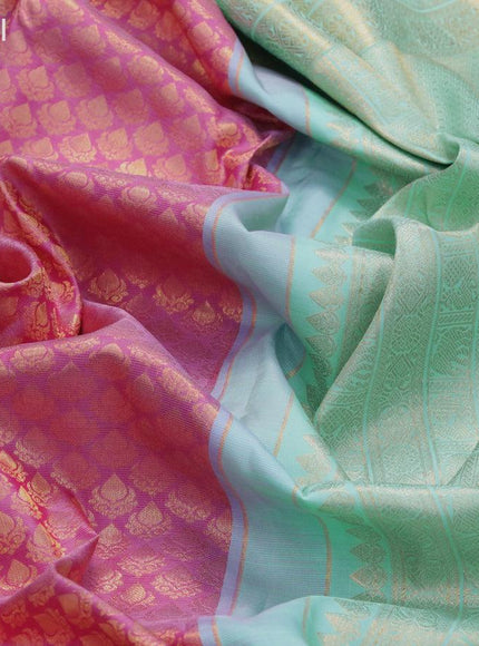 Pure kanjivaram silk saree pink and teal blue with allover zari woven brocade weaves and long rich zari woven border