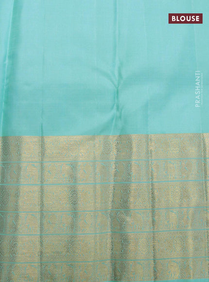 Pure kanjivaram silk saree pink and teal blue with allover zari woven brocade weaves and long rich zari woven border