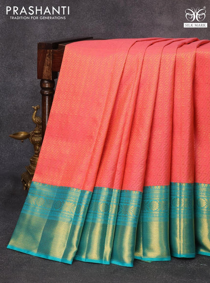 Pure kanjivaram silk saree peach pink and teal green with allover zari woven brocade weaves and rich zari woven border