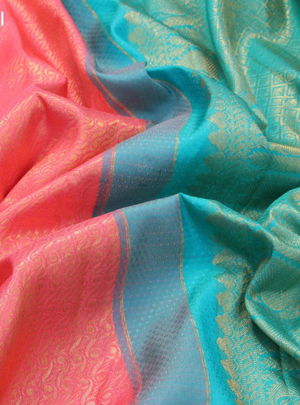 Pure kanjivaram silk saree peach pink and teal green with allover zari woven brocade weaves and rich zari woven border