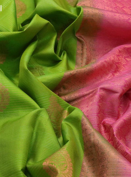 Pure kanjivaram silk saree light green and dual shade of pink with allover silver & copper zari woven stripe & buttas and long rich zari woven border