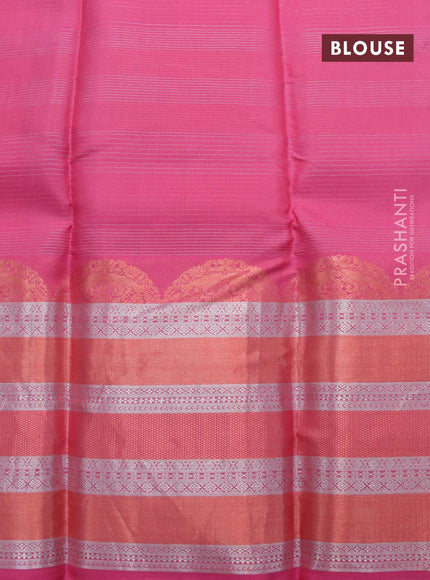 Pure kanjivaram silk saree light green and dual shade of pink with allover silver & copper zari woven stripe & buttas and long rich zari woven border