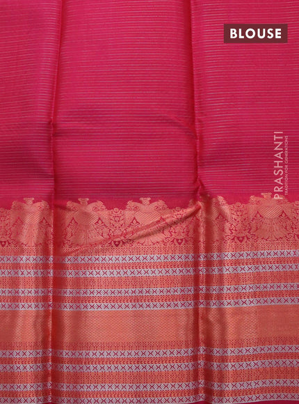 Pure kanjivaram silk saree green and pink with allover silver & copper zari woven stripe & buttas and long rich zari woven border