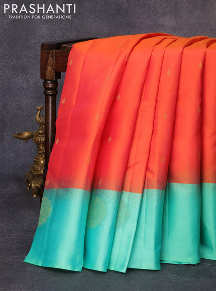 Pure kanjivaram silk saree dual shade of orange and dual shade of teal green with zari woven buttas and zari woven butta border