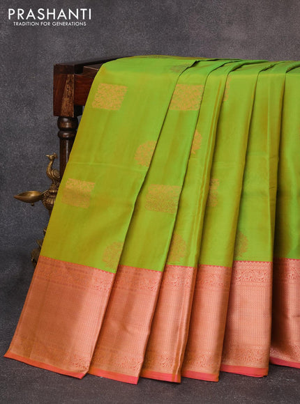 Pure kanjivaram silk saree dual shade of light green and dual shade of pink with copper zari woven buttas and rich copper zari woven border