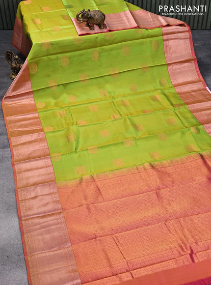 Pure kanjivaram silk saree dual shade of light green and dual shade of pink with copper zari woven buttas and rich copper zari woven border