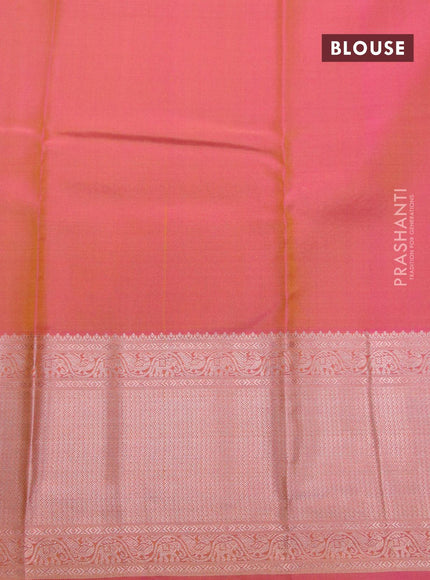 Pure kanjivaram silk saree dual shade of light green and dual shade of pink with copper zari woven buttas and rich copper zari woven border