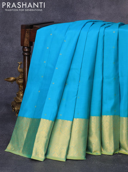 Pure kanjivaram silk saree light blue and dual shade of light green with zari woven floral buttas and rich zari woven border