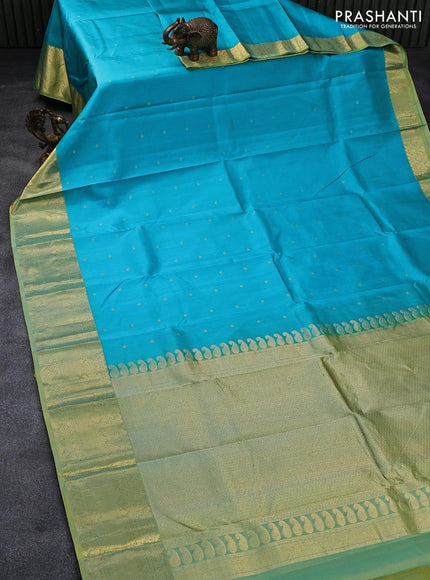 Pure kanjivaram silk saree light blue and dual shade of light green with zari woven floral buttas and rich zari woven border