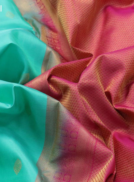 Pure kanjivaram silk saree teal green and pink with zari woven buttas and rich zari woven border