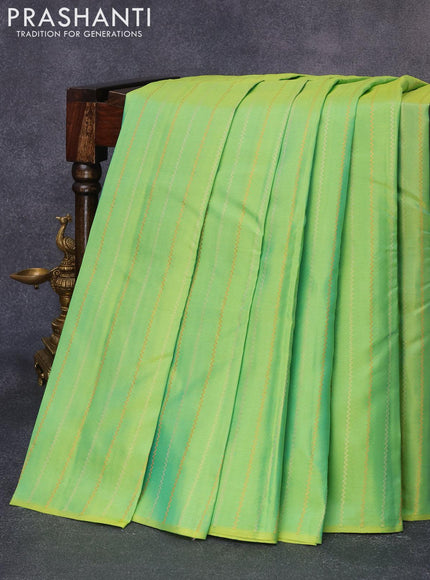 Pure kanjivaram silk saree dual shade of lime green and pink with allover silver & copper zari weaves in borderless style