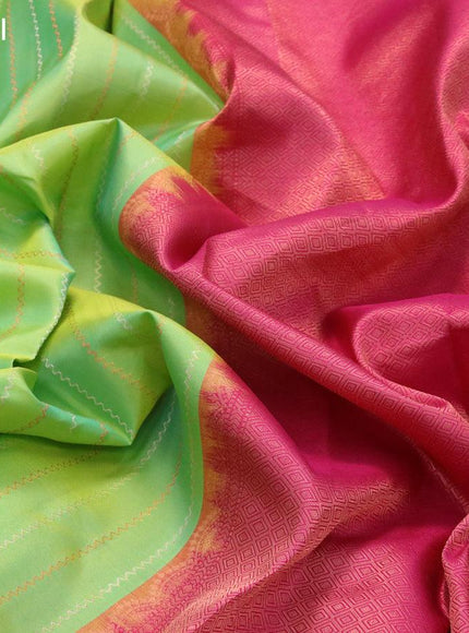 Pure kanjivaram silk saree dual shade of lime green and pink with allover silver & copper zari weaves in borderless style