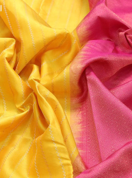 Pure kanjivaram silk saree yellow and pink with allover silver & copper zari weaves in borderless style