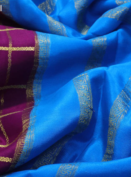 Pure mysore silk saree purple and cs blue with allover zari checked pattern and zari woven border