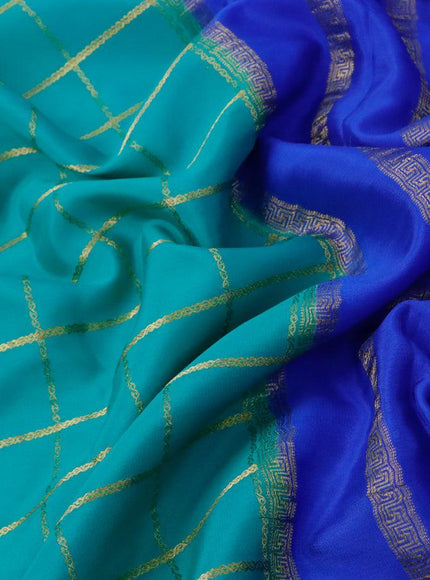 Pure mysore silk saree teal green and royal blue with allover zari checked pattern and zari woven border