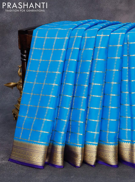 Pure mysore silk saree cs blue and blue with allover zari checked pattern and zari woven border