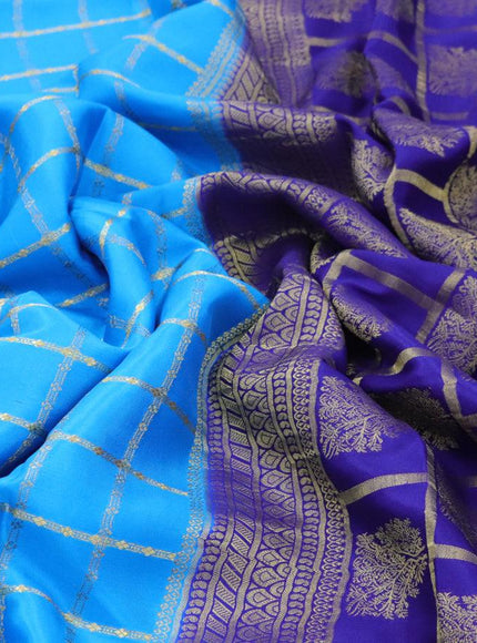 Pure mysore silk saree cs blue and blue with allover zari checked pattern and zari woven border