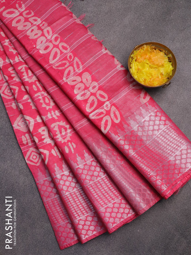 Semi tussar saree pink with allover batik prints and long temple design silver zari woven border