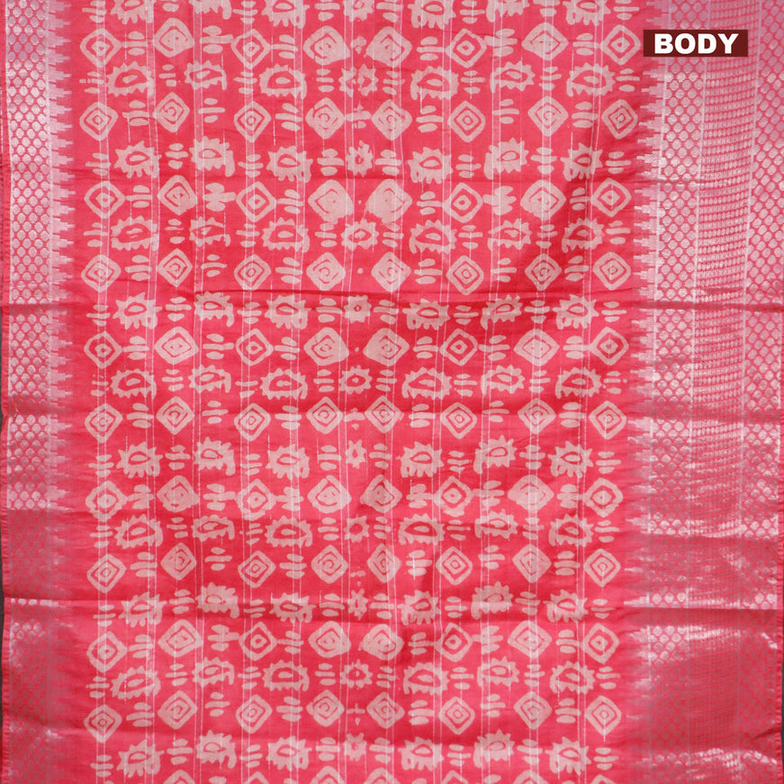 Semi tussar saree pink with allover batik prints and long temple design silver zari woven border