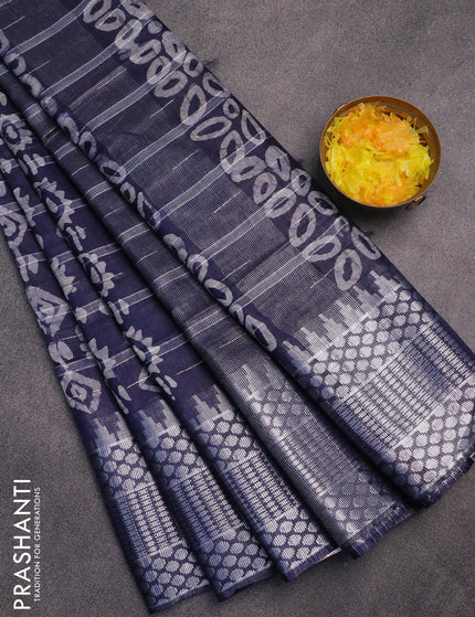 Semi tussar saree navy with allover batik prints and long temple design silver zari woven border