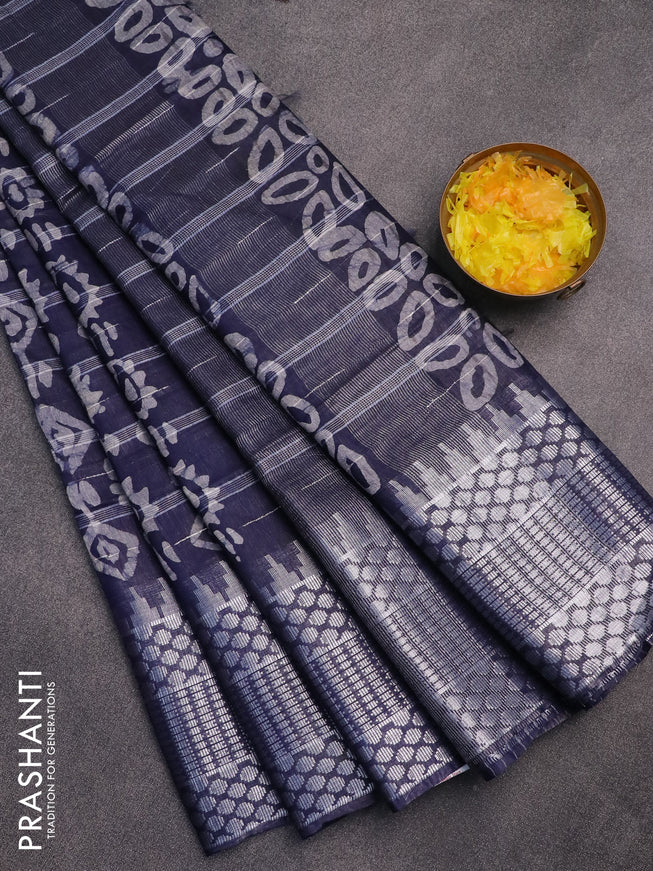 Semi tussar saree navy with allover batik prints and long temple design silver zari woven border