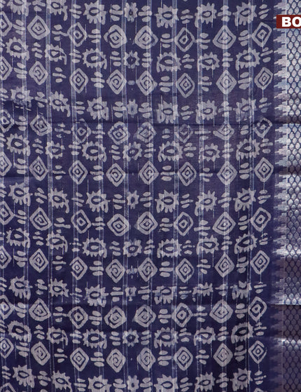 Semi tussar saree navy with allover batik prints and long temple design silver zari woven border