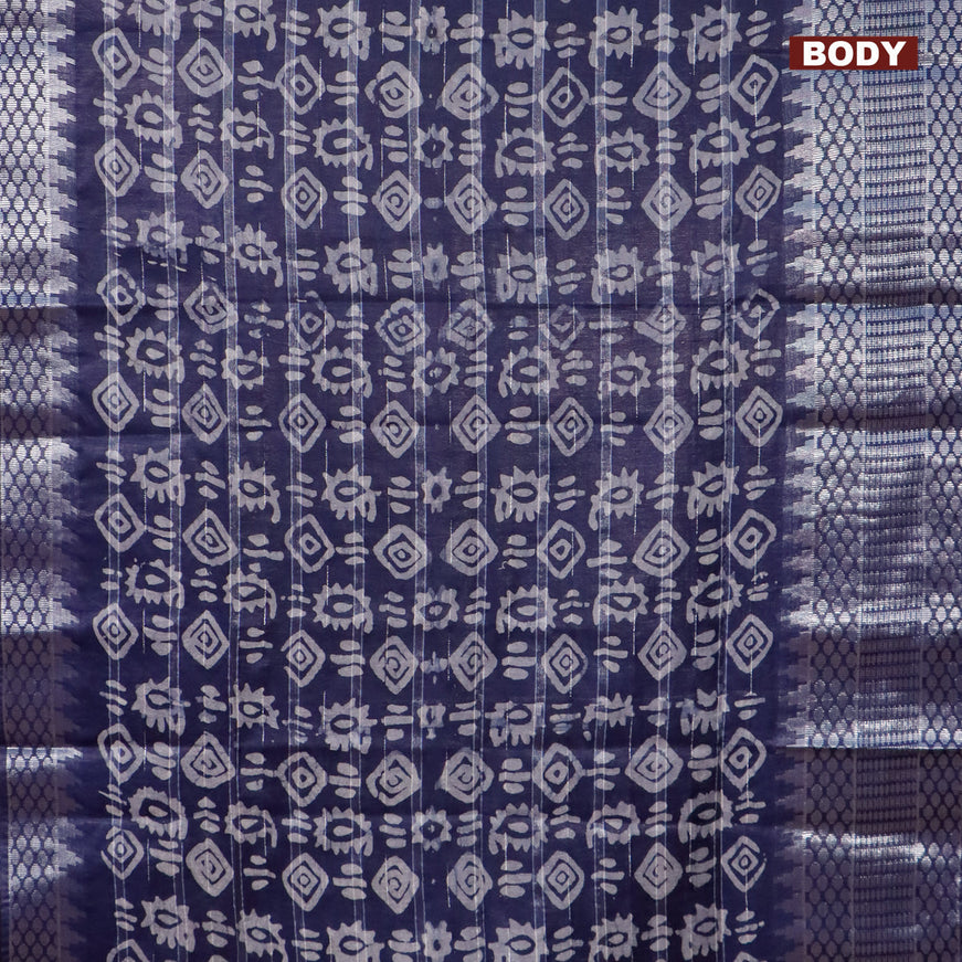 Semi tussar saree navy with allover batik prints and long temple design silver zari woven border