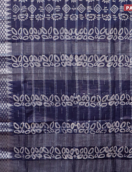 Semi tussar saree navy with allover batik prints and long temple design silver zari woven border