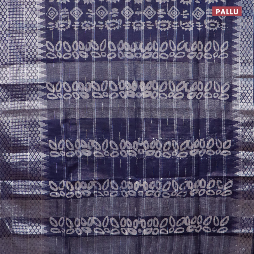 Semi tussar saree navy with allover batik prints and long temple design silver zari woven border