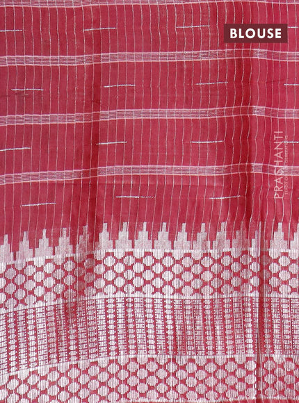 Semi tussar saree maroon with allover batik prints and long temple design silver zari woven border