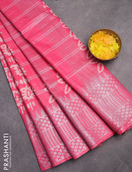 Semi tussar saree pink with allover batik prints and long temple design silver zari woven border