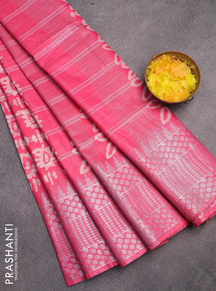 Semi tussar saree pink with allover batik prints and long temple design silver zari woven border