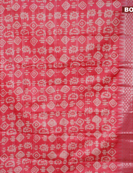 Semi tussar saree pink with allover batik prints and long temple design silver zari woven border