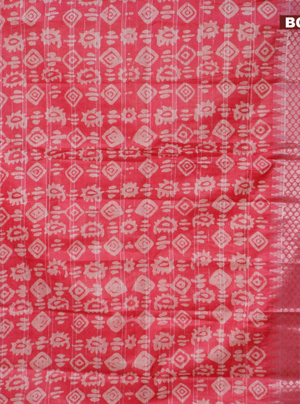 Semi tussar saree pink with allover batik prints and long temple design silver zari woven border