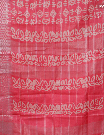 Semi tussar saree pink with allover batik prints and long temple design silver zari woven border