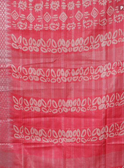 Semi tussar saree pink with allover batik prints and long temple design silver zari woven border