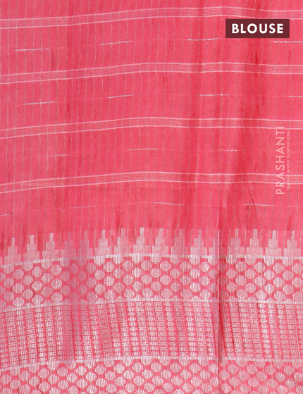 Semi tussar saree pink with allover batik prints and long temple design silver zari woven border