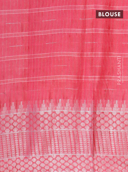 Semi tussar saree pink with allover batik prints and long temple design silver zari woven border