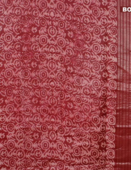 Semi tussar saree dark maroon with allover batik prints and long zari woven border